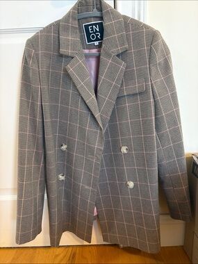 Pink-Accented Plaid Double-Breasted Blazer